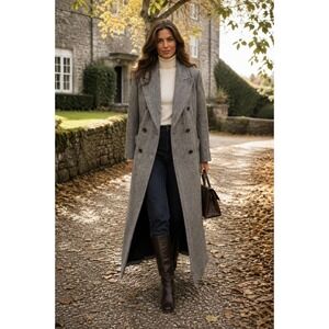 Vintage Alorna Grey Herringbone Wool Double Breasted Long Trench Coat USA